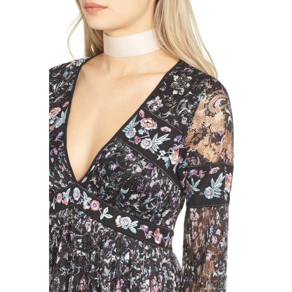 Free People Mini Dress Womens 2 Black Floral Lace Embroidered V-Neck Long Sleeve - Picture 3 of 16